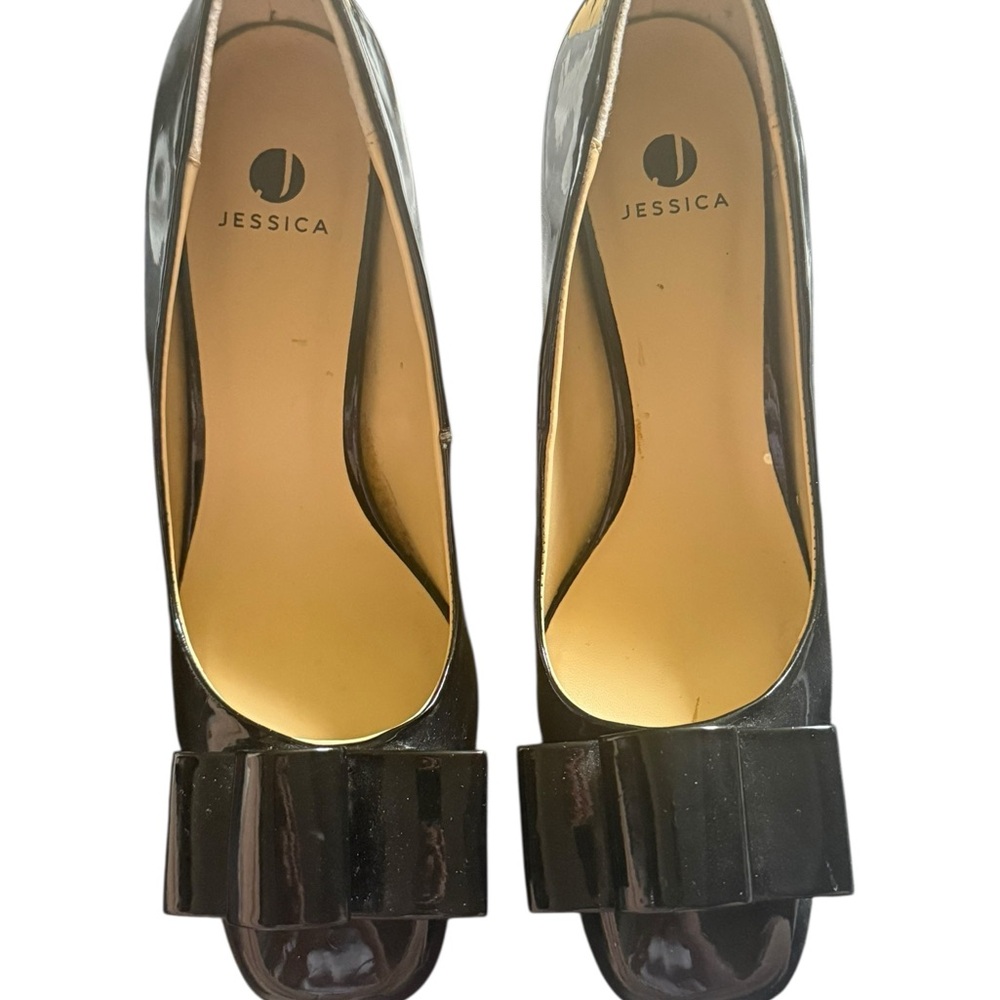 Jessica Black Patent Leather Heels with Bow Detail